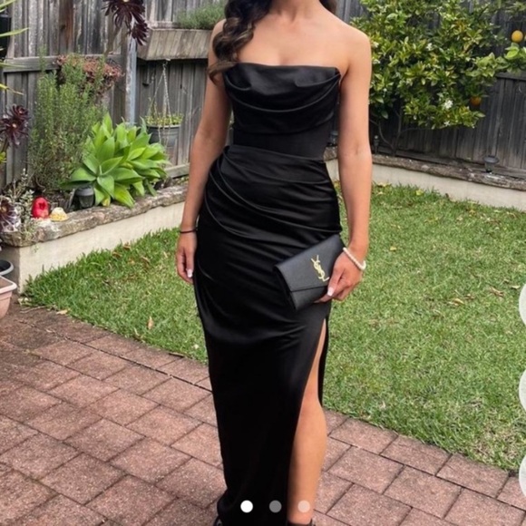 House of CB L A-C Adrienne black satin strapless corset maxi dress NWOT - Picture 12 of 14